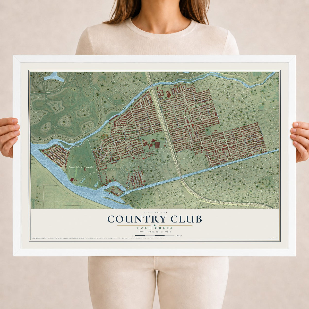 Map of Country Club, California, 18 x 24 inch print in a white wood frame