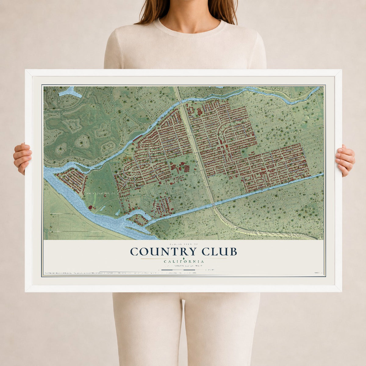 Map of Country Club, California, 24 x 36 inch print in a white wood frame