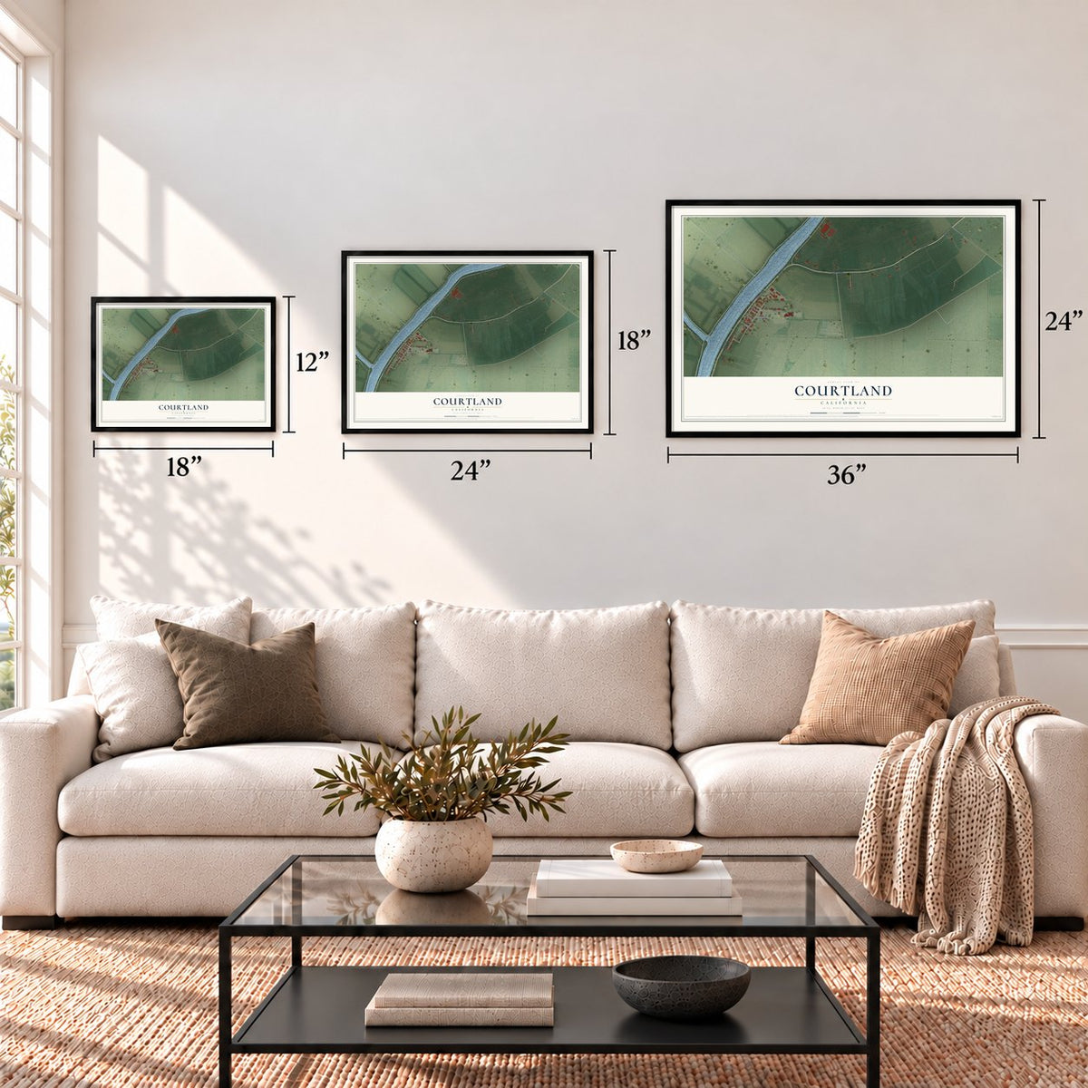 Courtland, California map in 12 x 18, 18 x 24 and 24 x 36 inch sizes above a sofa