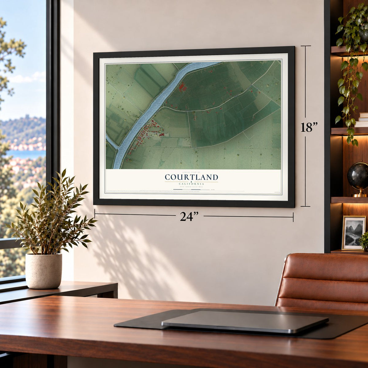 Courtland, California map, 18 x 24 inch print in a black frame in a home office