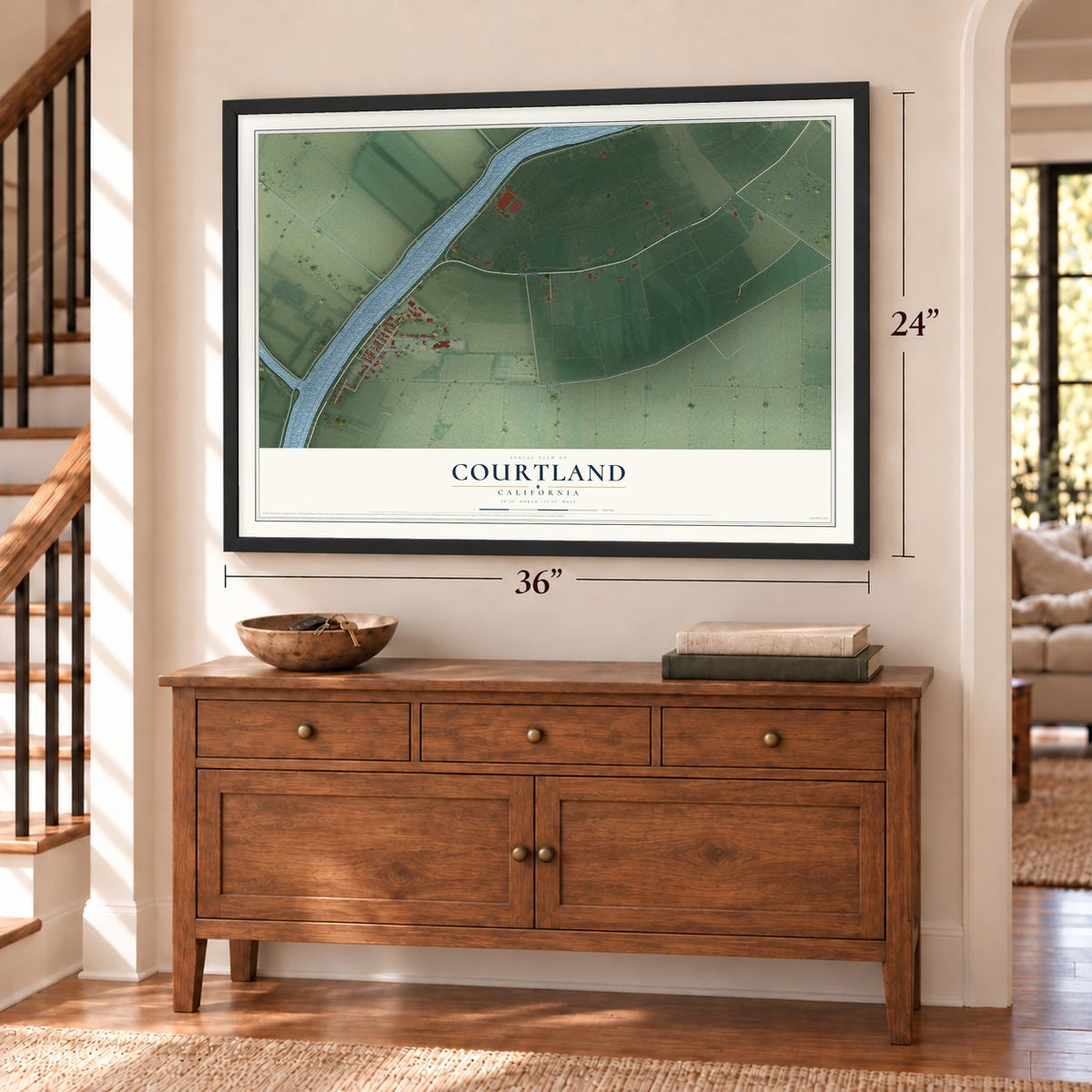 Courtland, California map, 24 x 36 inch print in a black frame above a dresser by a staircase
