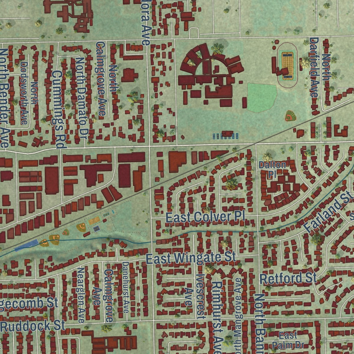 Close-up of the map of Covina, California print showing street and building detail