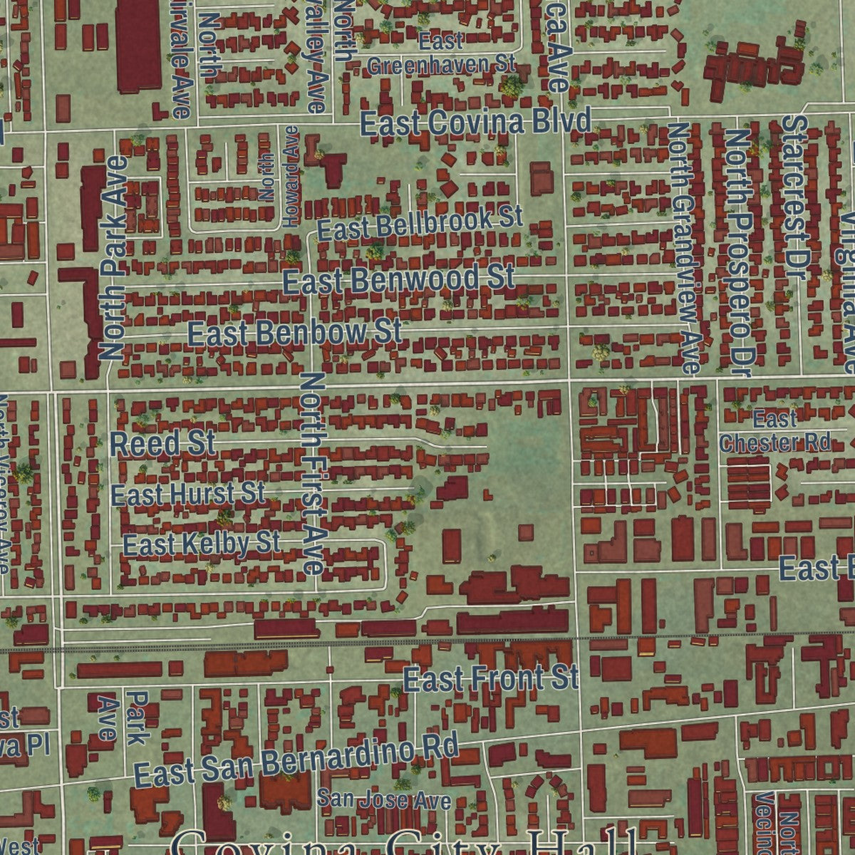 Second close-up of the map of Covina, California print showing more streets and buildings