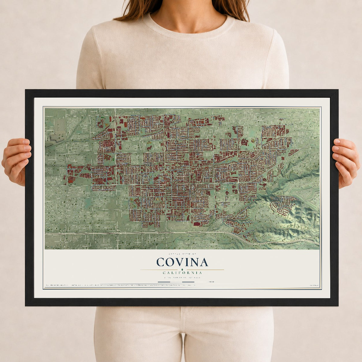 Map of Covina, California, 12 x 18 inch print in a black wood frame