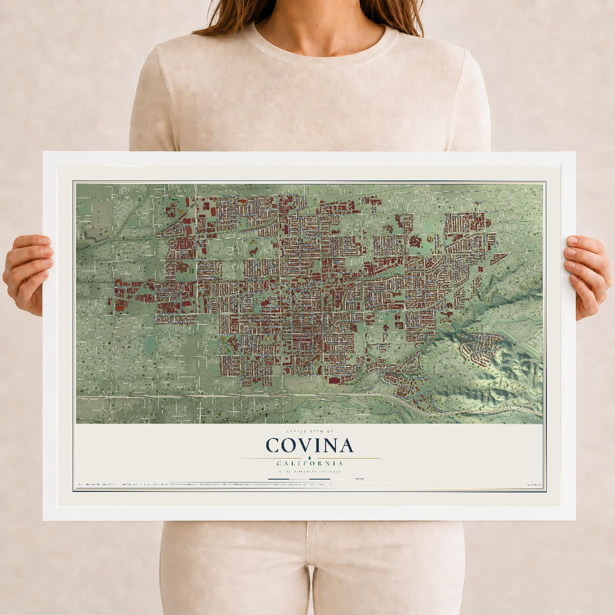 Map of Covina, California, 12 x 18 inch print in a white wood frame