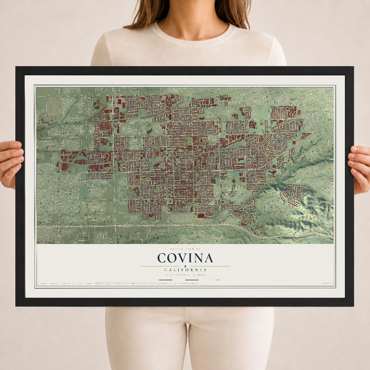 Map of Covina, California, 18 x 24 inch print in a black wood frame
