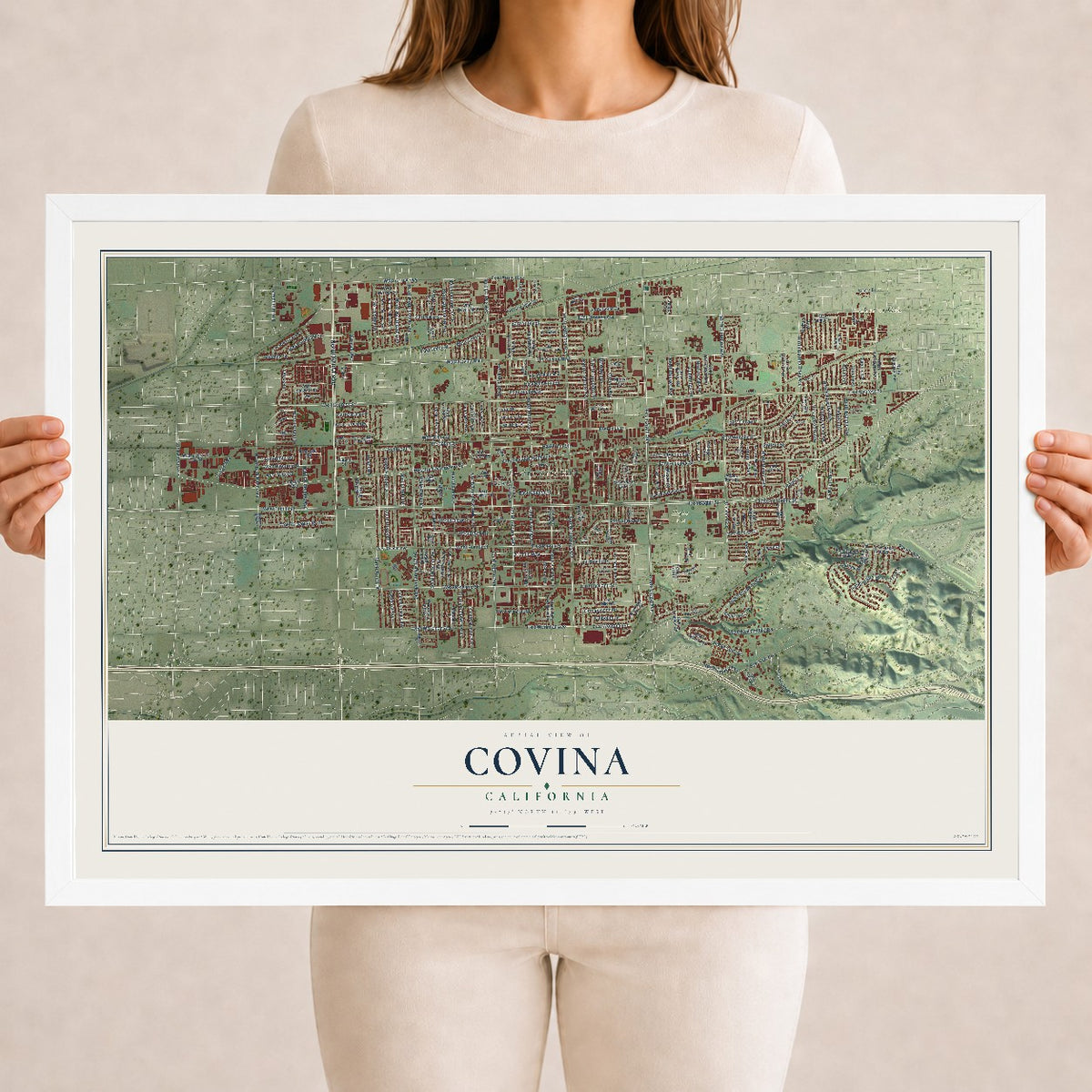 Map of Covina, California, 18 x 24 inch print in a white wood frame