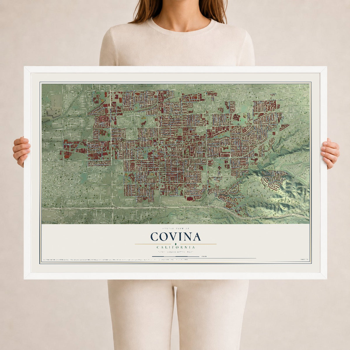 Map of Covina, California, 24 x 36 inch print in a white wood frame