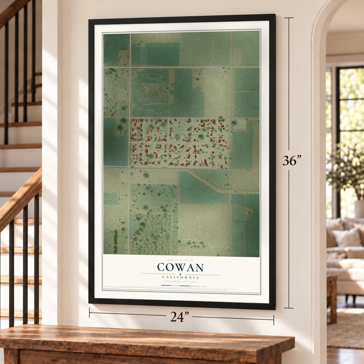 Cowan, California map, 24 x 36 inch print in a black frame by a staircase