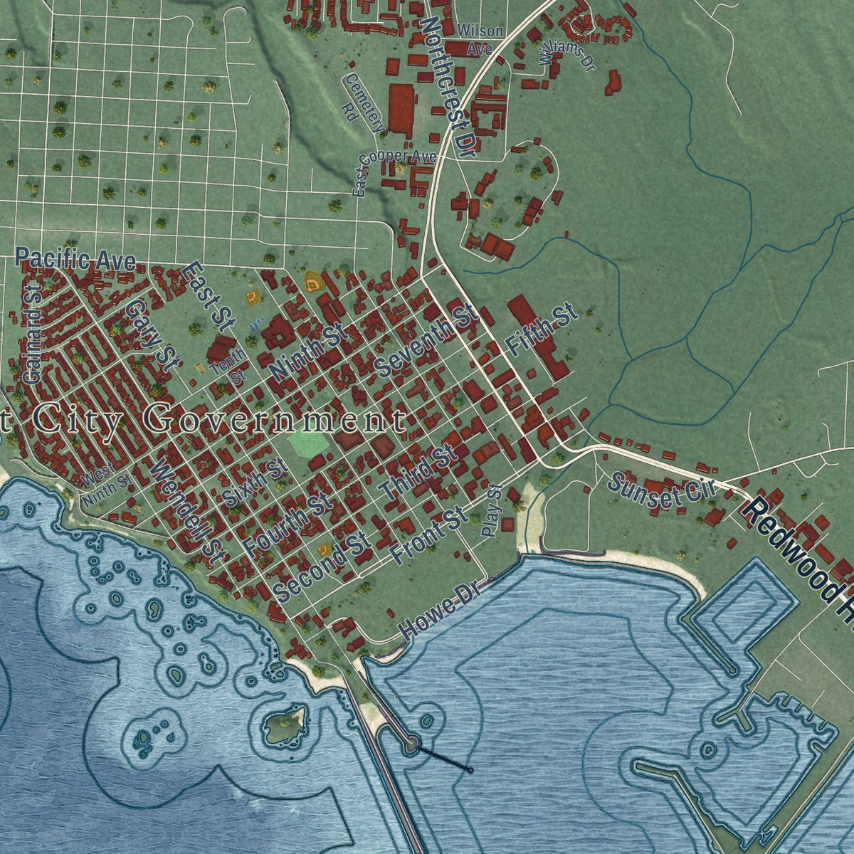Close-up of the map of Crescent City, California print showing street and building detail