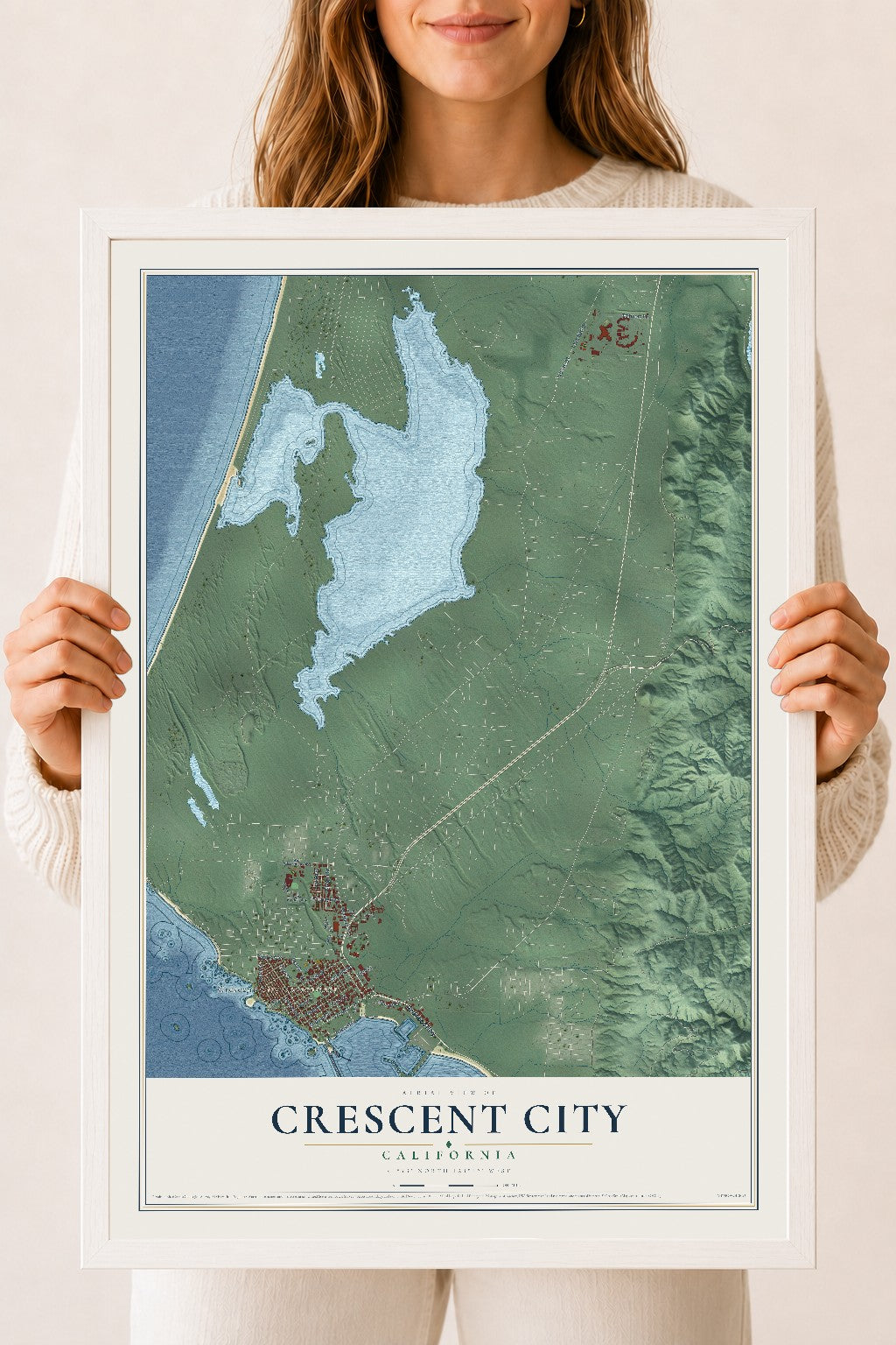 Map of Crescent City, California, 18 x 24 inch print in a white wood frame