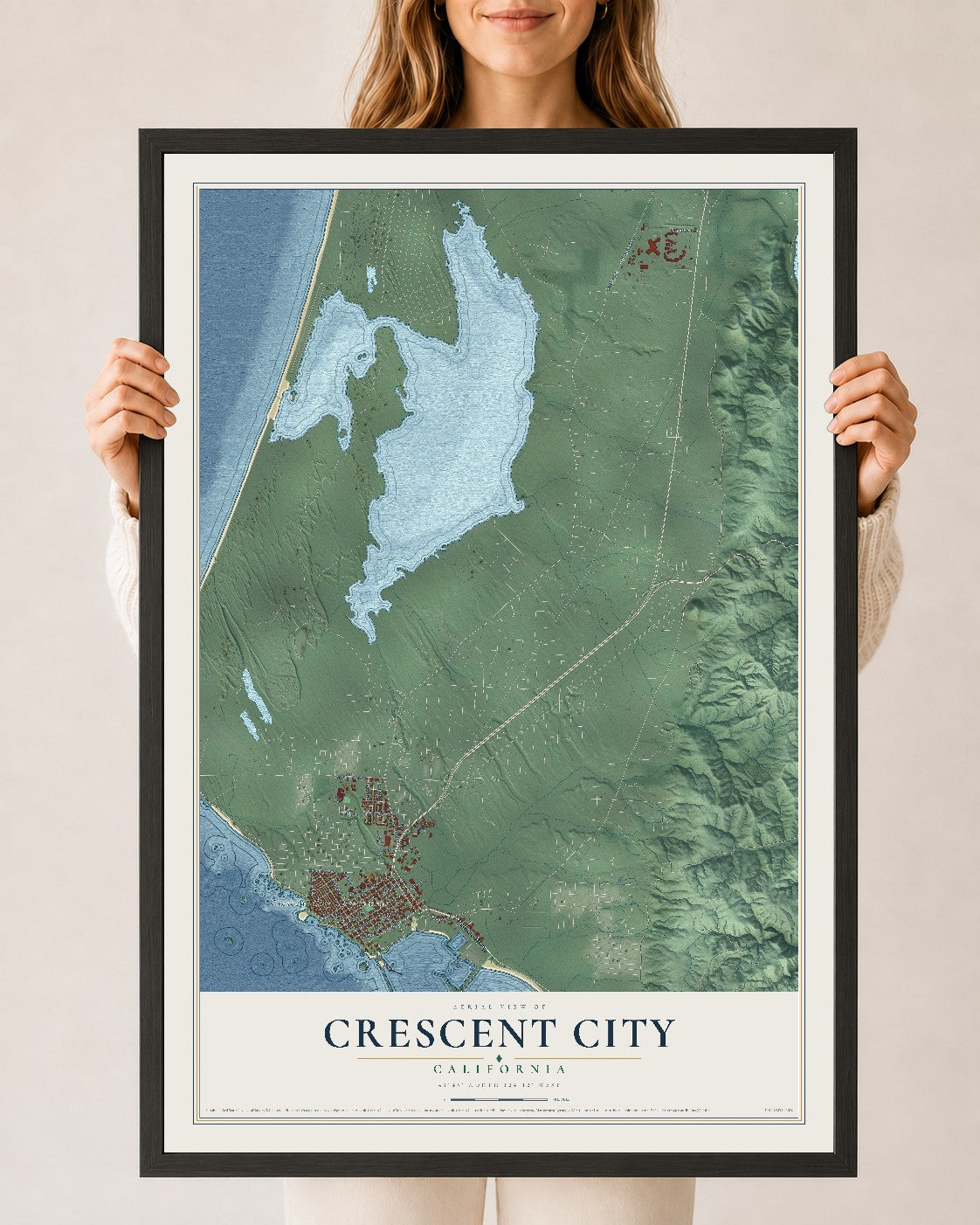 Map of Crescent City, California, 24 x 36 inch print in a black wood frame