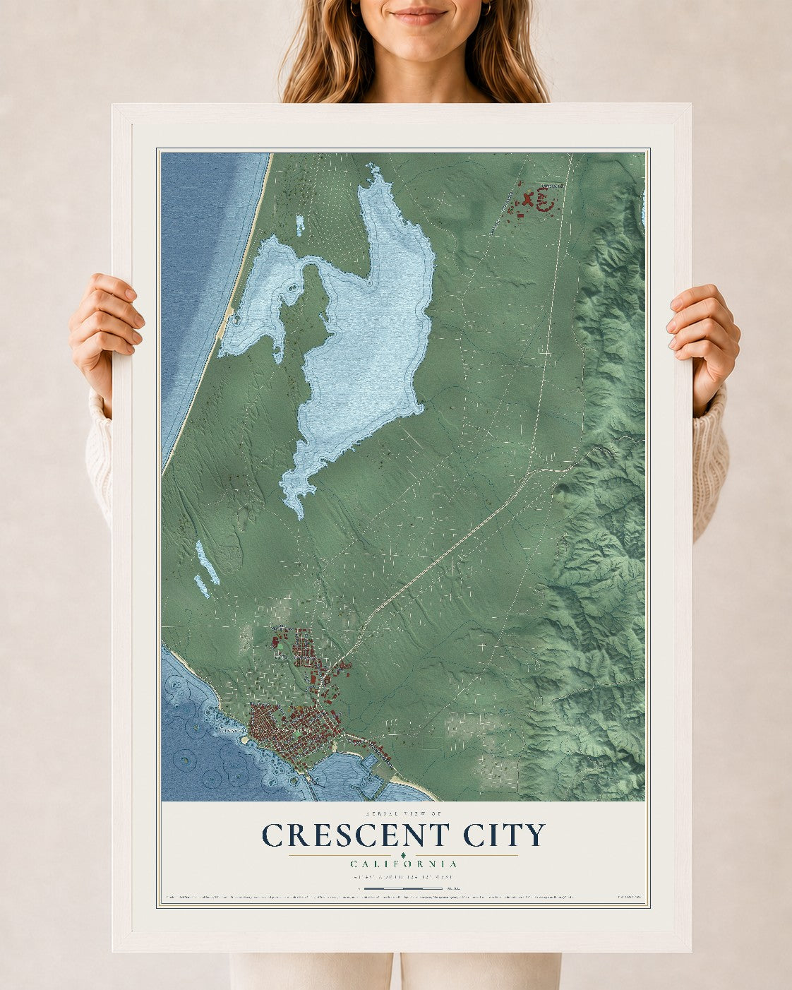 Map of Crescent City, California, 24 x 36 inch print in a white wood frame