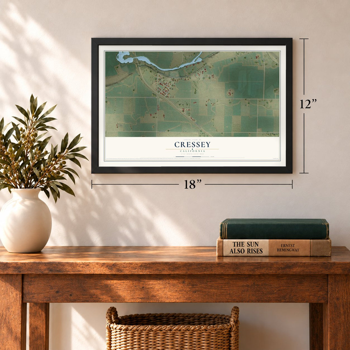 Cressey, California map, 12 x 18 inch print in a black frame in an entryway