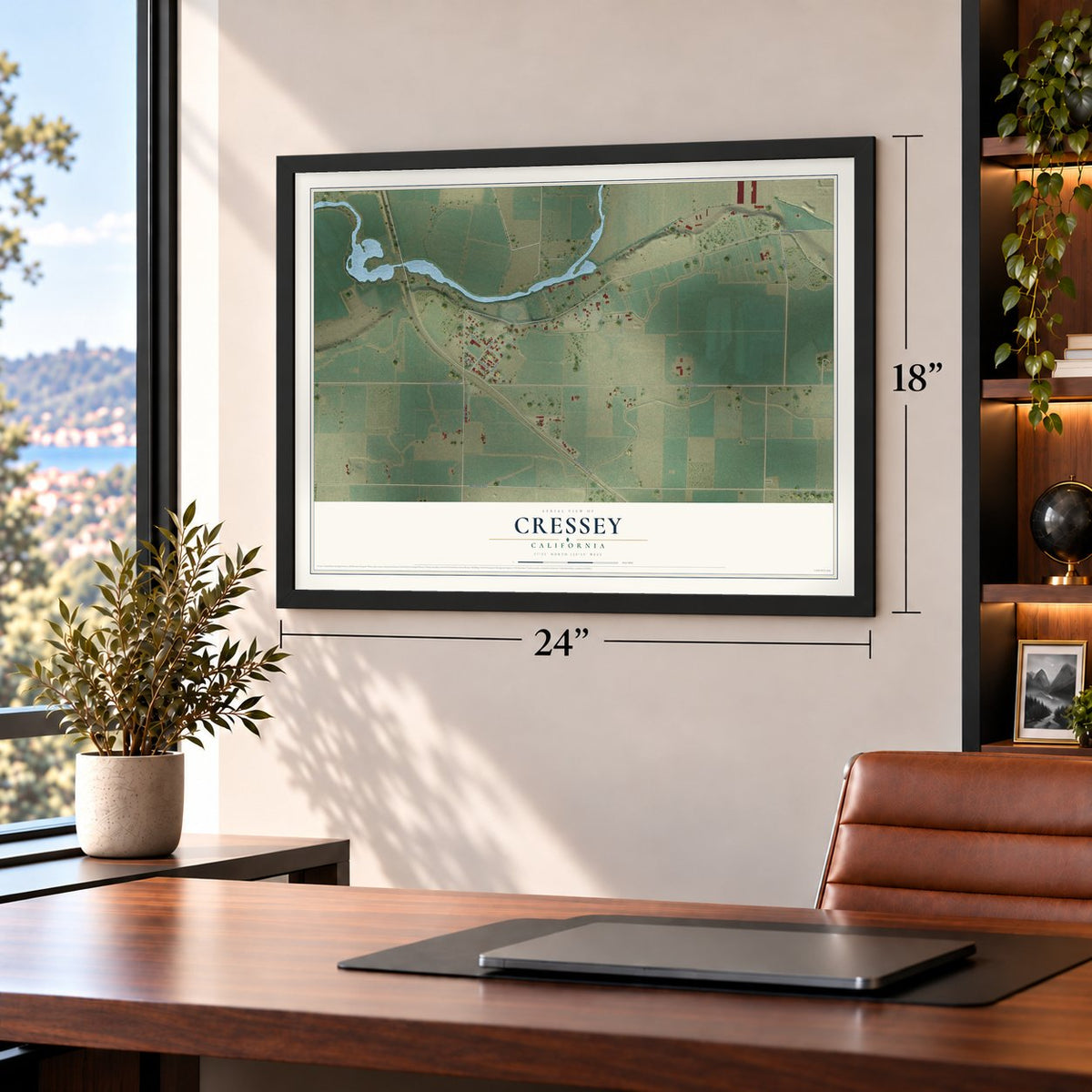 Cressey, California map, 18 x 24 inch print in a black frame in a home office
