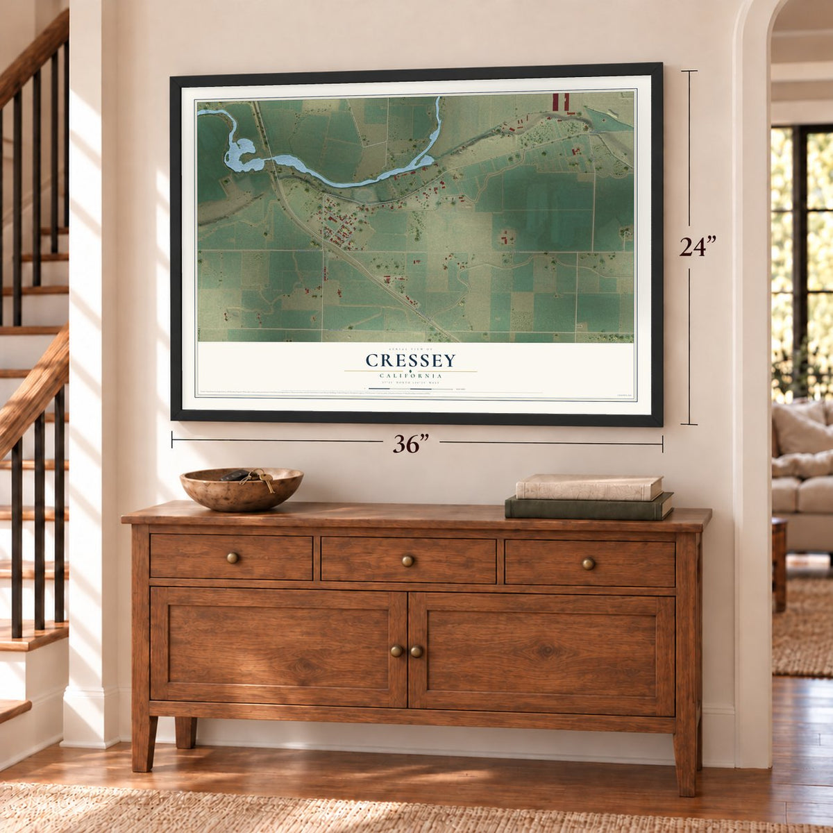 Cressey, California map, 24 x 36 inch print in a black frame above a dresser by a staircase