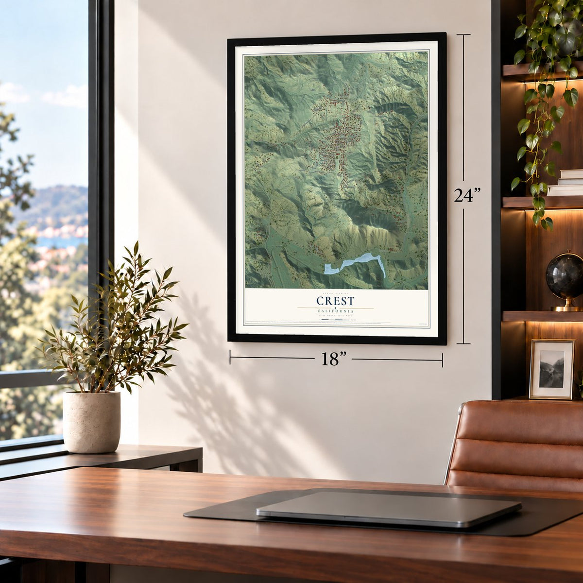 Crest, California map, 18 x 24 inch print in a black frame in a home office