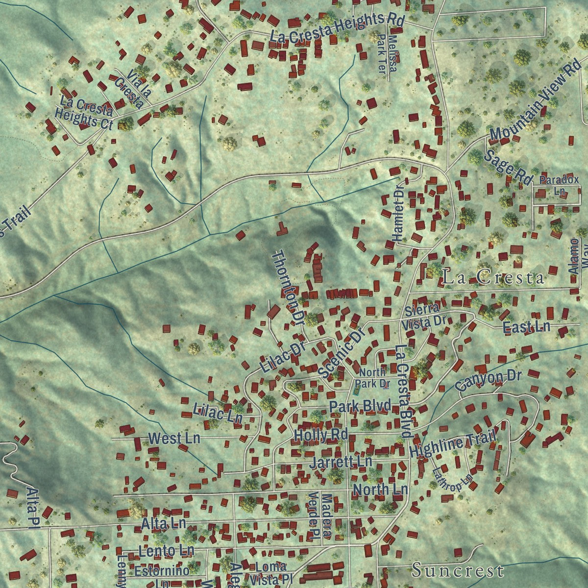 Close-up of the map of Crest, California print showing street and building detail