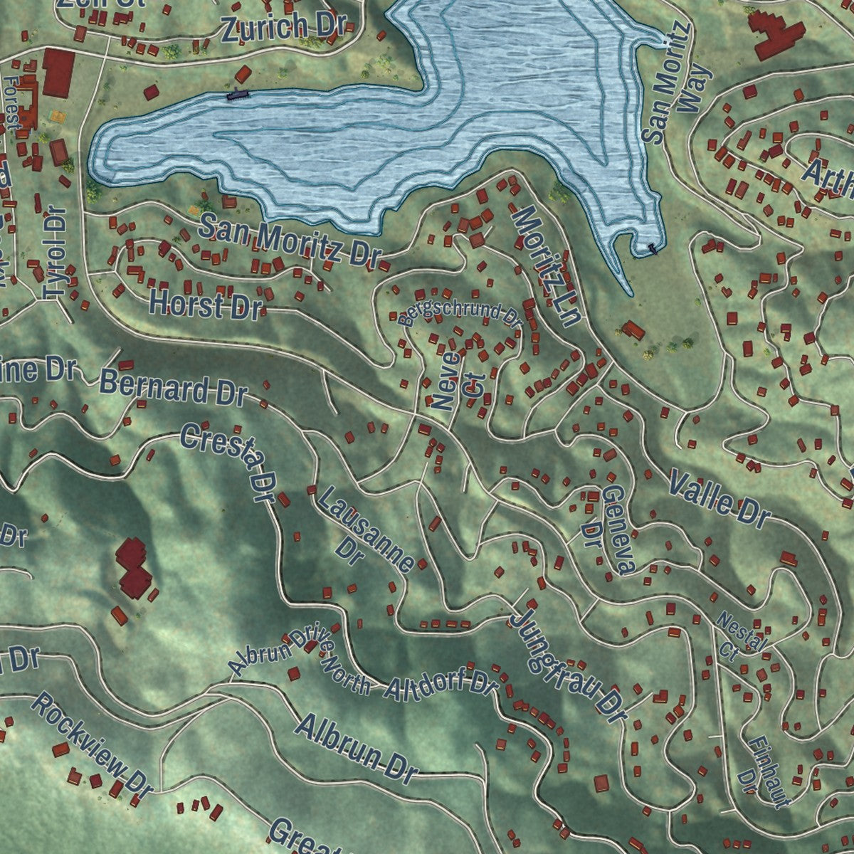 Close-up of the map of Crestline, California print showing street and building detail