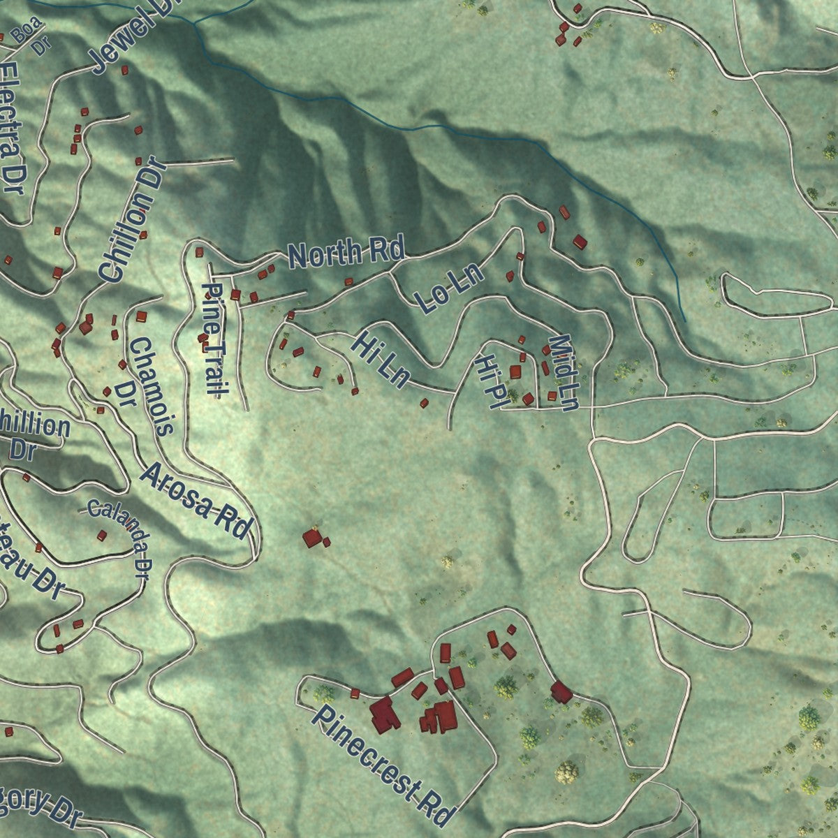 Second close-up of the map of Crestline, California print showing more streets and buildings