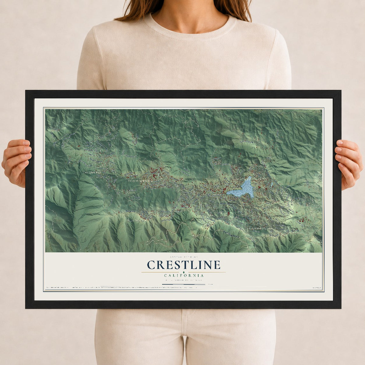 Map of Crestline, California, 12 x 18 inch print in a black wood frame