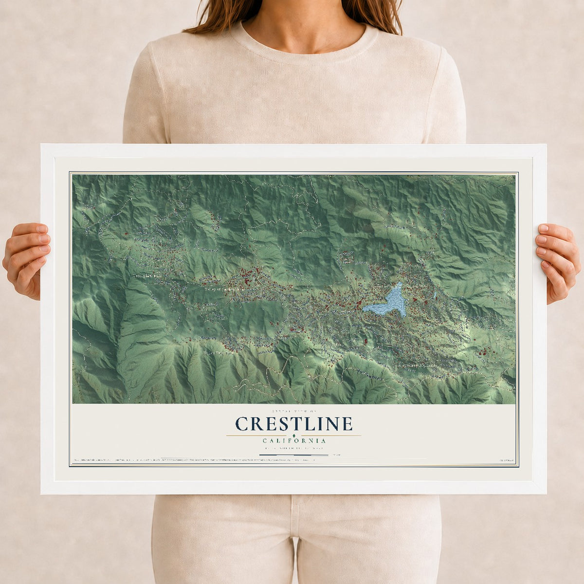 Map of Crestline, California, 12 x 18 inch print in a white wood frame