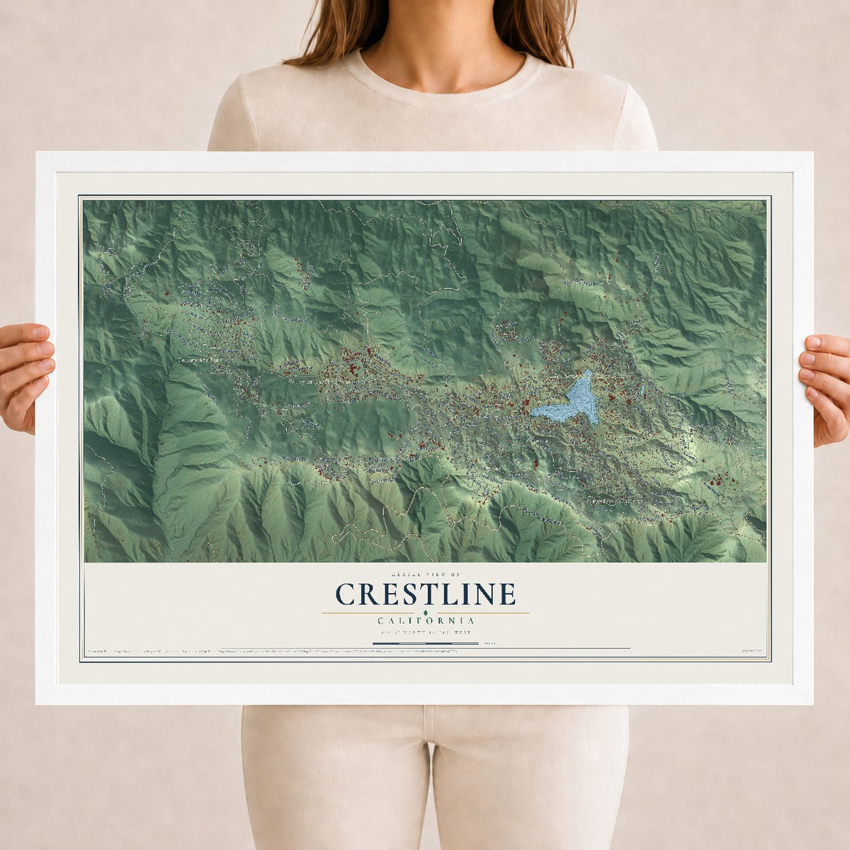 Map of Crestline, California, 18 x 24 inch print in a white wood frame