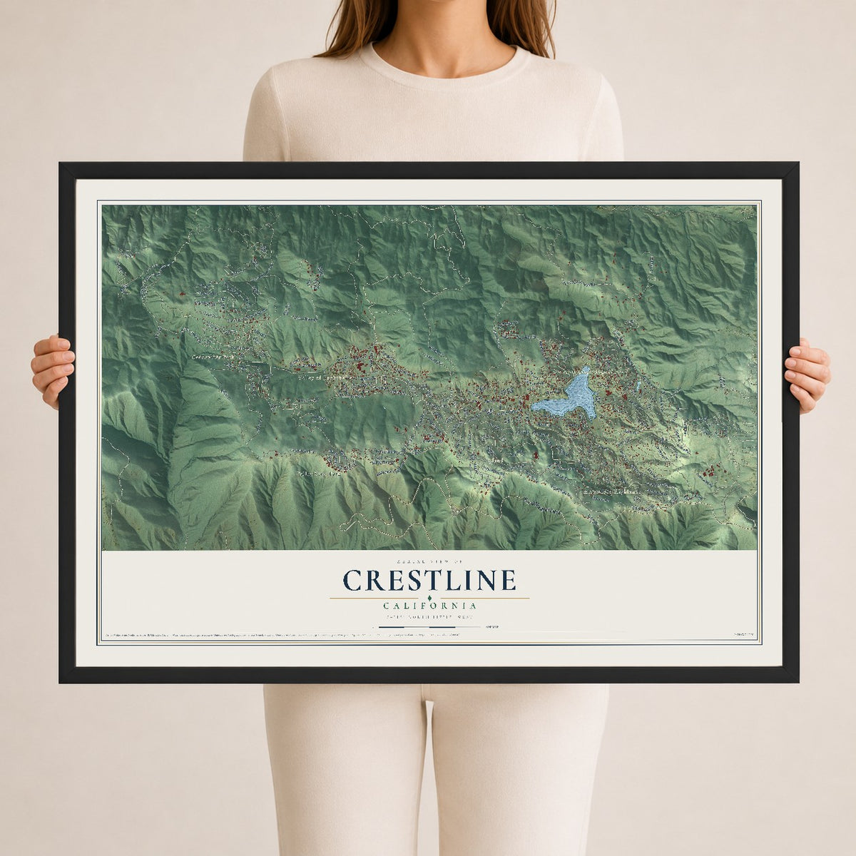 Map of Crestline, California, 24 x 36 inch print in a black wood frame