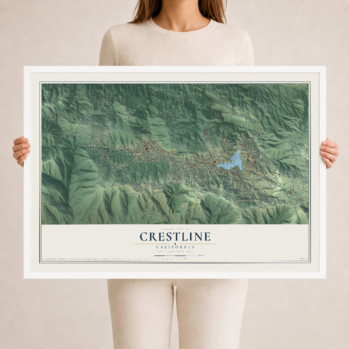 Map of Crestline, California, 24 x 36 inch print in a white wood frame