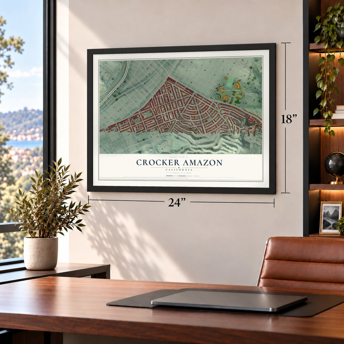 Crocker Amazon, California map, 18 x 24 inch print in a black frame in a home office