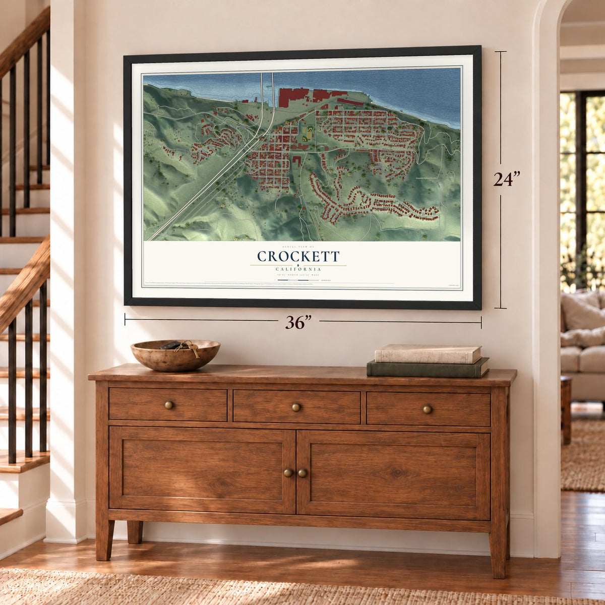 Crockett, California map, 24 x 36 inch print in a black frame above a dresser by a staircase