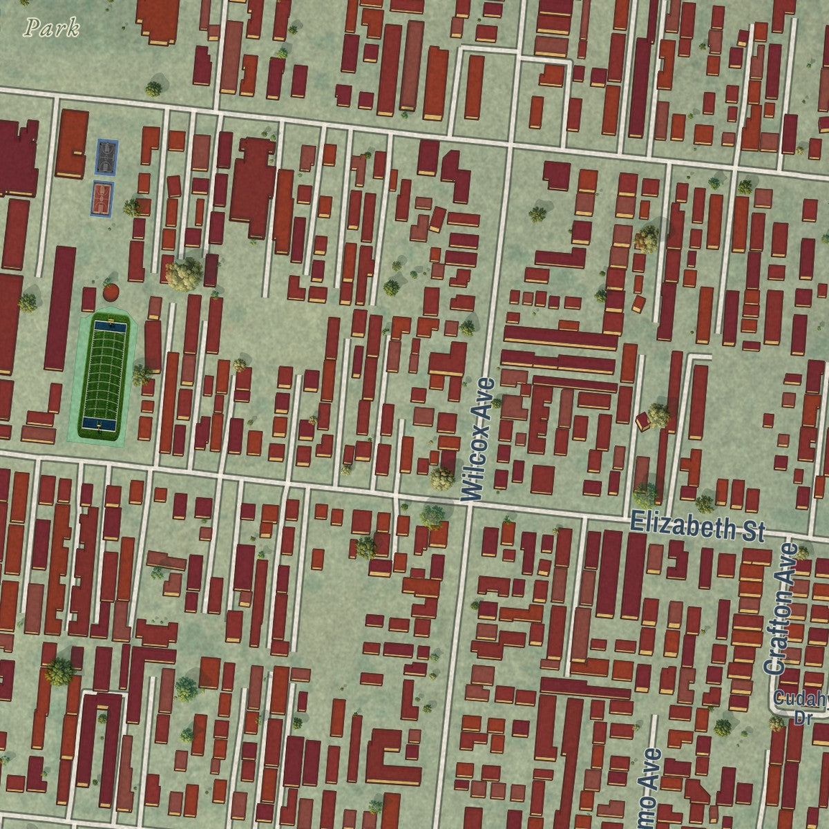 Close-up of the map of Cudahy, California print showing street and building detail