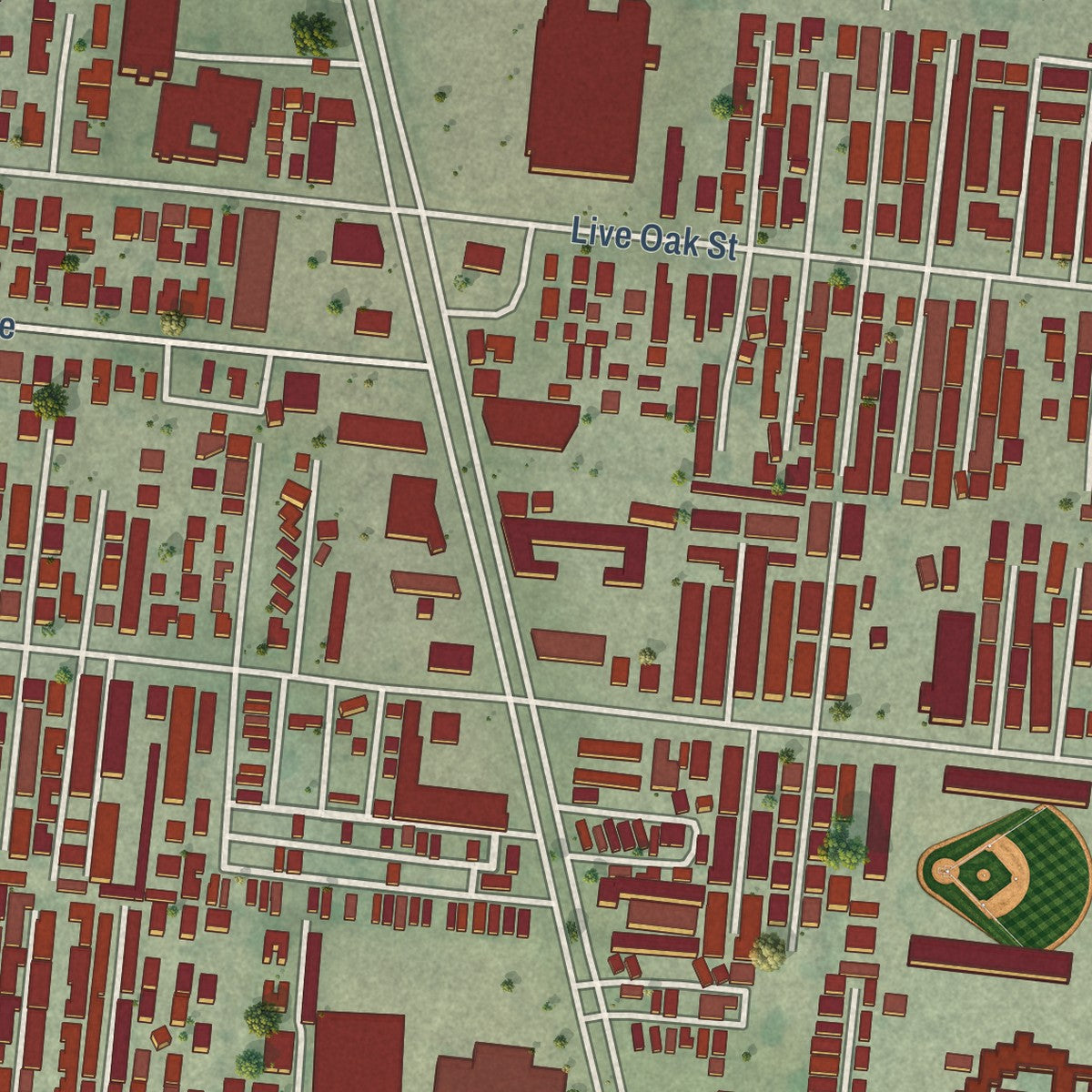 Second close-up of the map of Cudahy, California print showing more streets and buildings