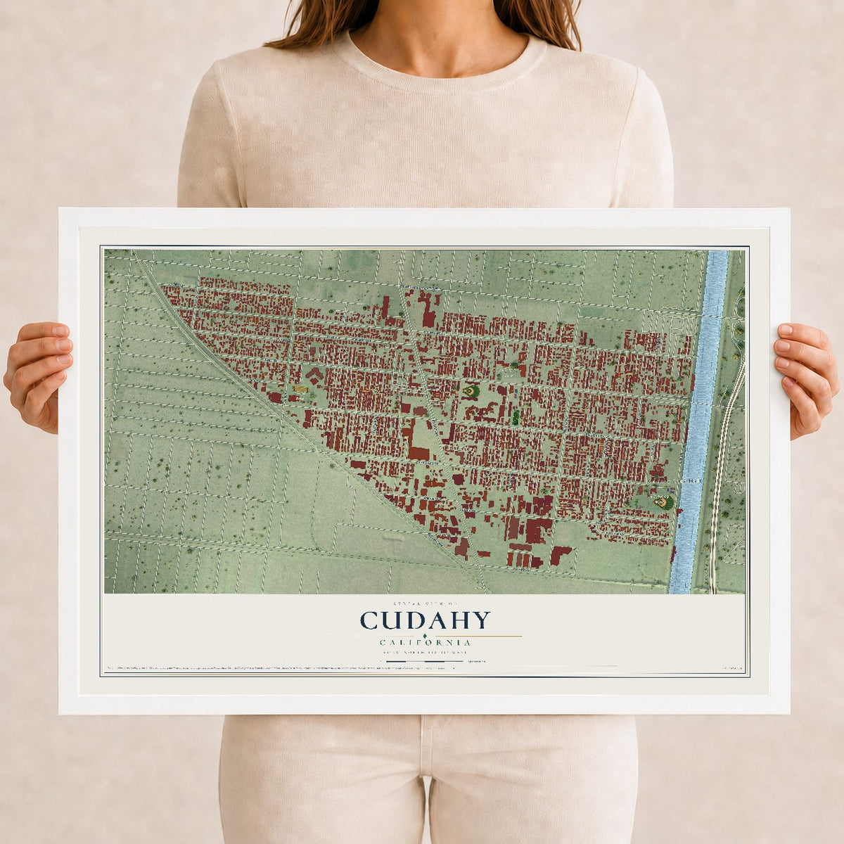 Map of Cudahy, California, 12 x 18 inch print in a white wood frame