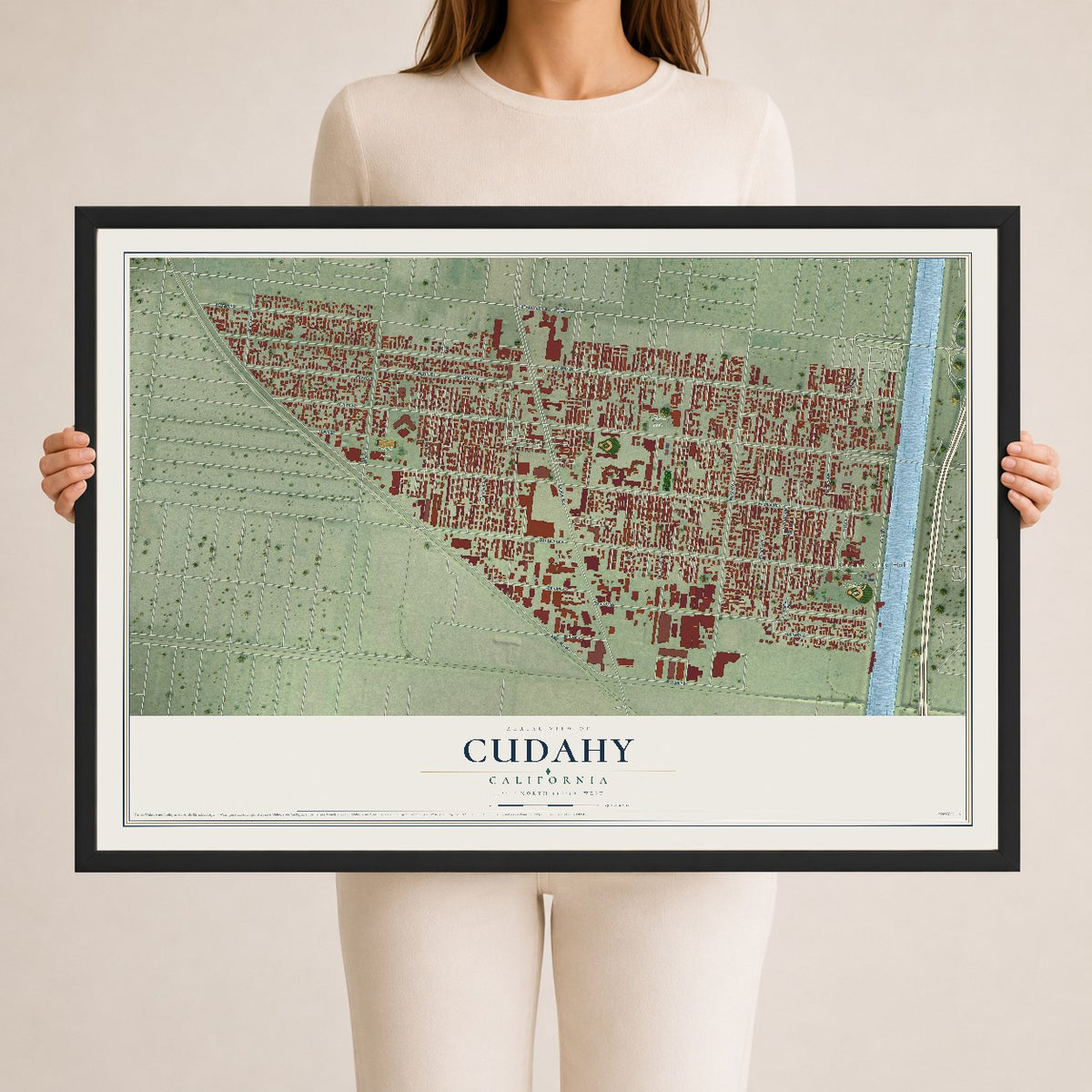 Map of Cudahy, California, 24 x 36 inch print in a black wood frame