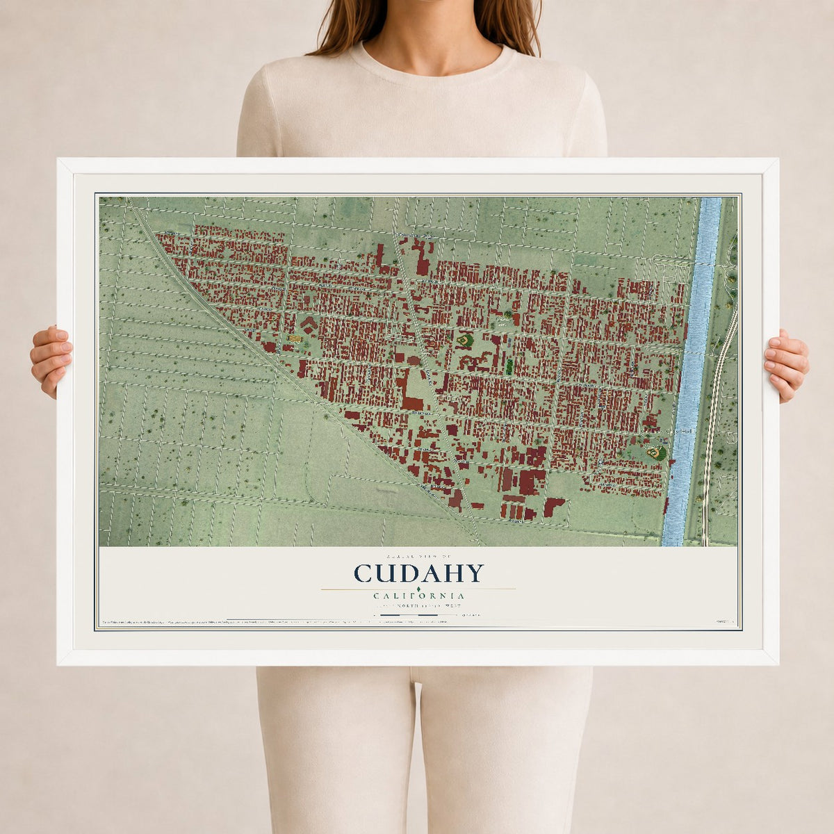 Map of Cudahy, California, 24 x 36 inch print in a white wood frame