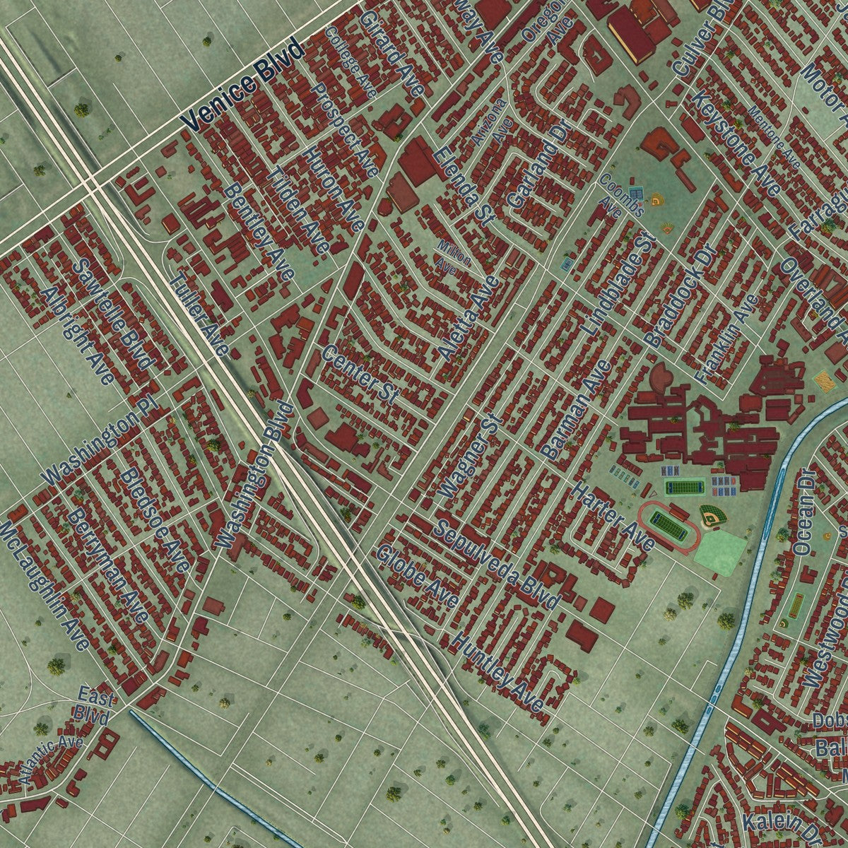 Close-up of the map of Culver City, California print showing street and building detail