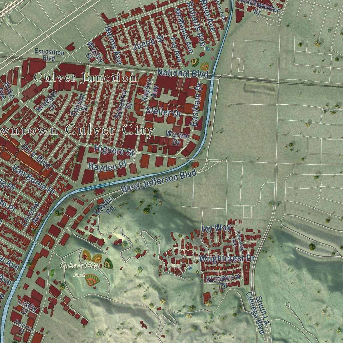 Second close-up of the map of Culver City, California print showing more streets and buildings