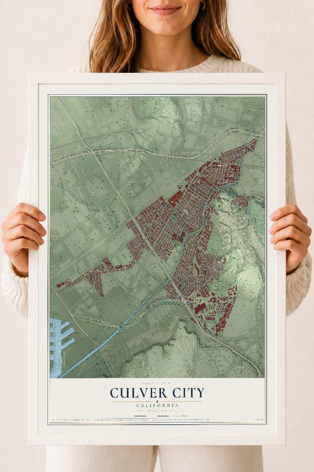 Map of Culver City, California, 18 x 24 inch print in a white wood frame
