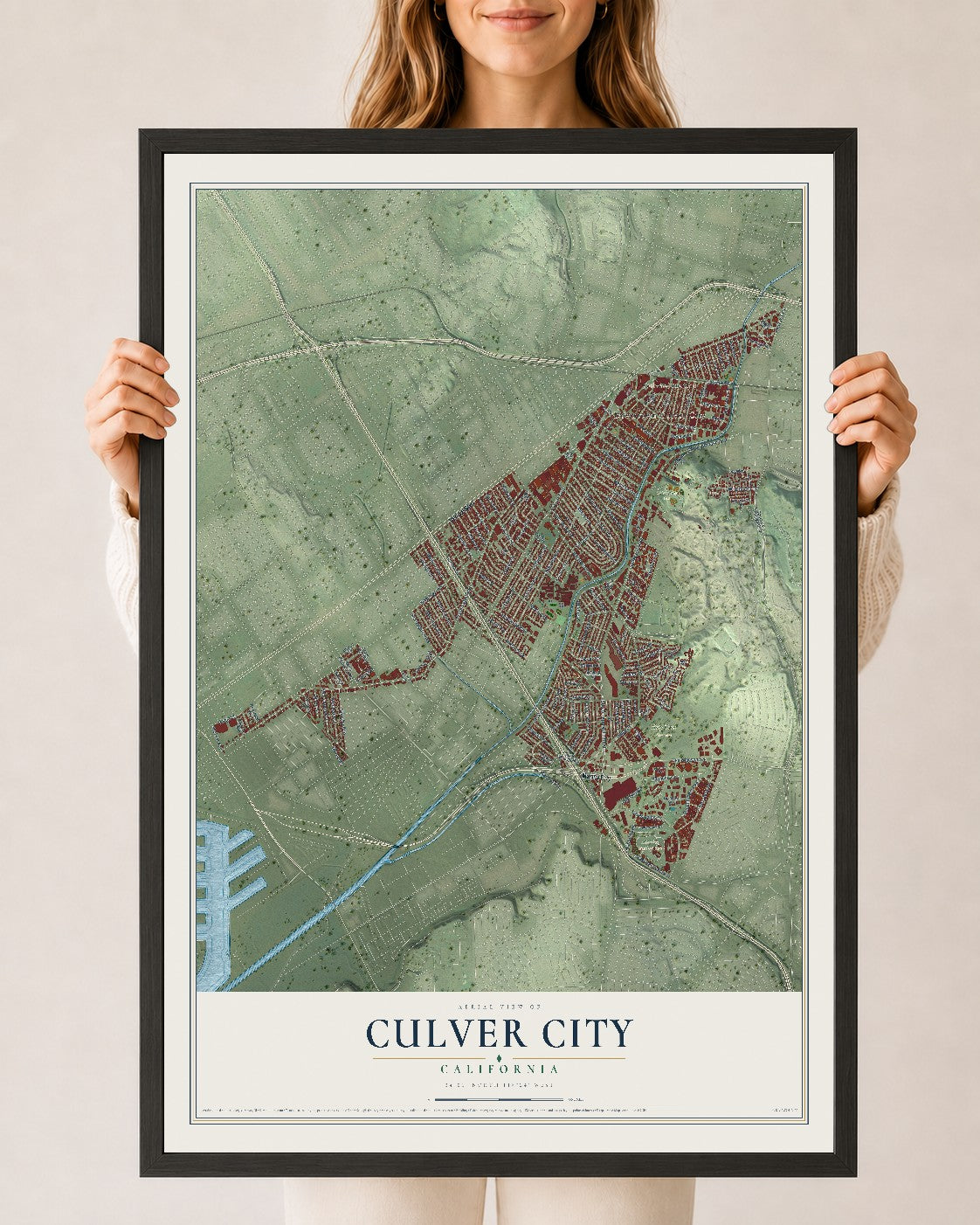 Map of Culver City, California, 24 x 36 inch print in a black wood frame