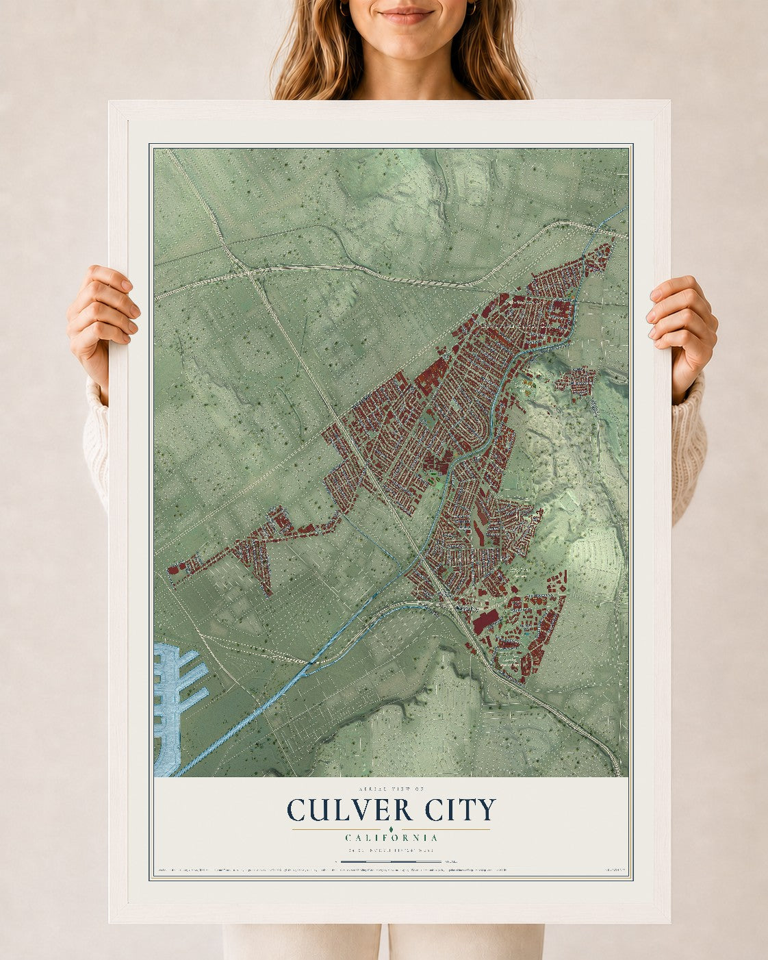 Map of Culver City, California, 24 x 36 inch print in a white wood frame