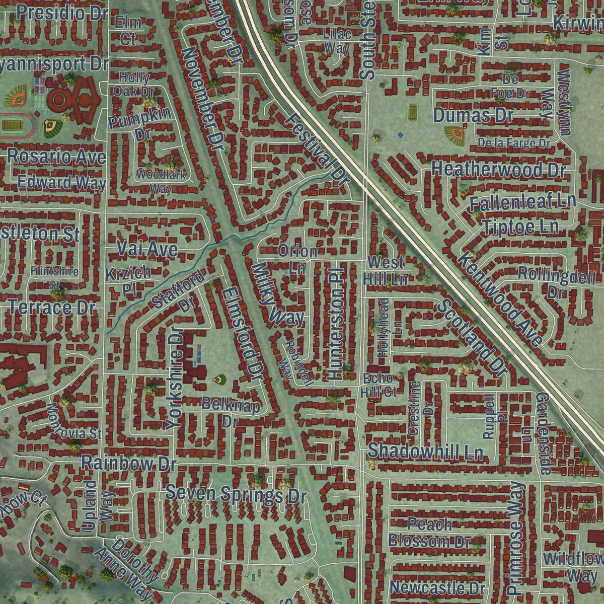 Close-up of the map of Cupertino, California print showing street and building detail