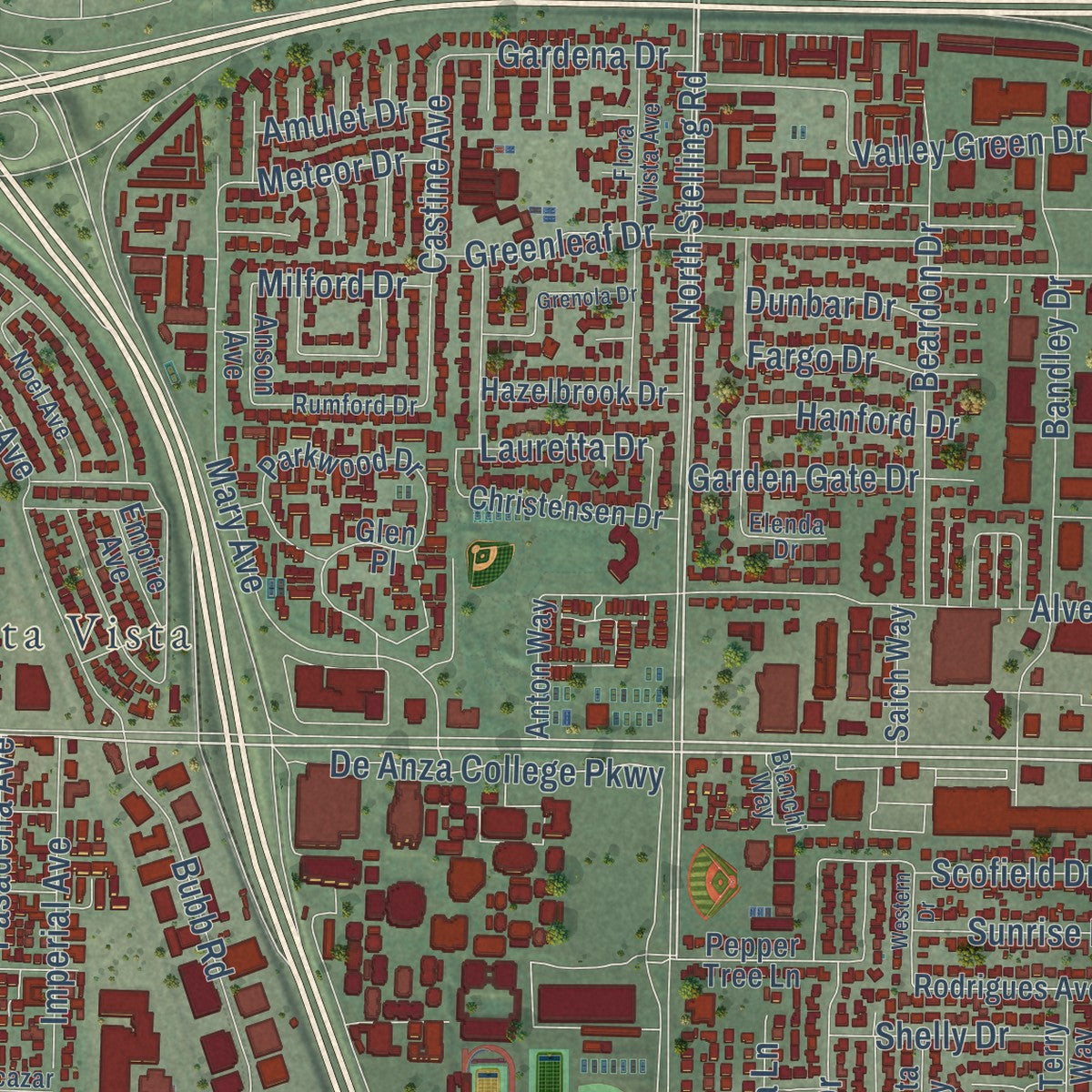 Second close-up of the map of Cupertino, California print showing more streets and buildings