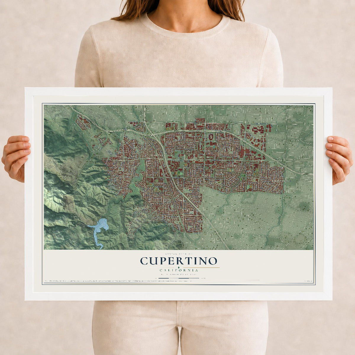 Map of Cupertino, California, 12 x 18 inch print in a white wood frame