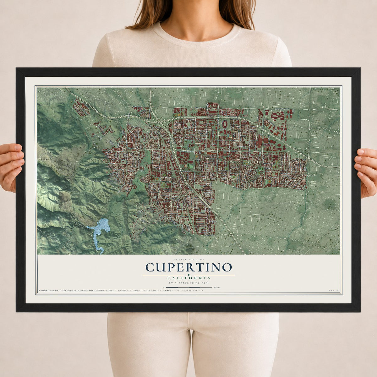 Map of Cupertino, California, 18 x 24 inch print in a black wood frame