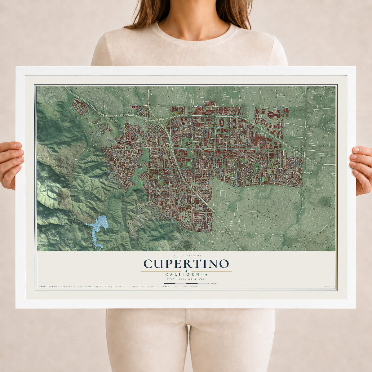 Map of Cupertino, California, 18 x 24 inch print in a white wood frame
