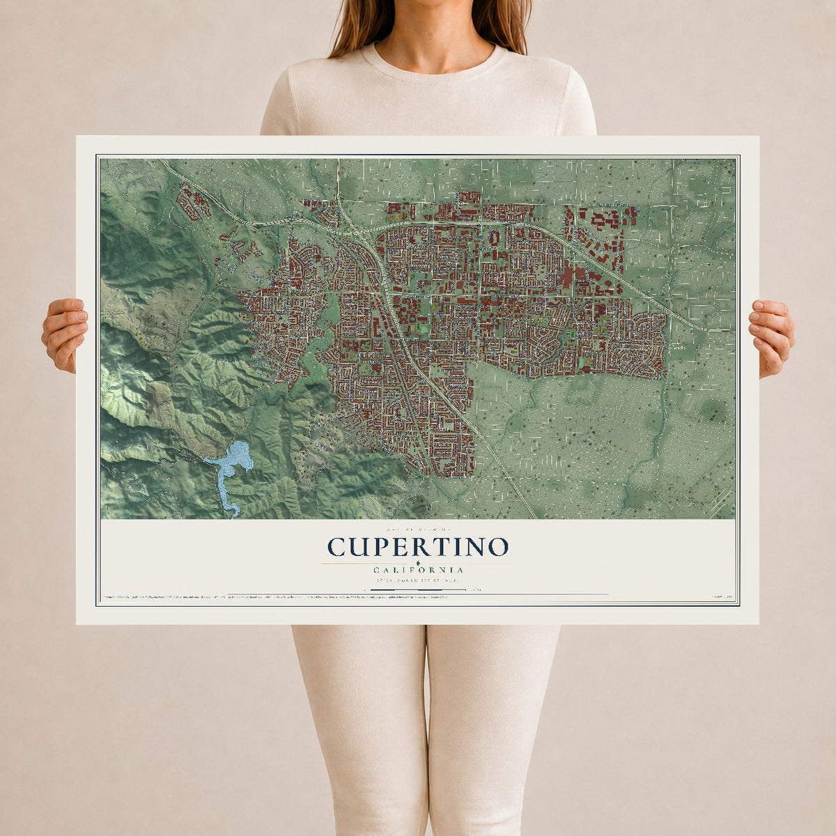 Map of Cupertino, California, 24 x 36 inch unframed archival matte print