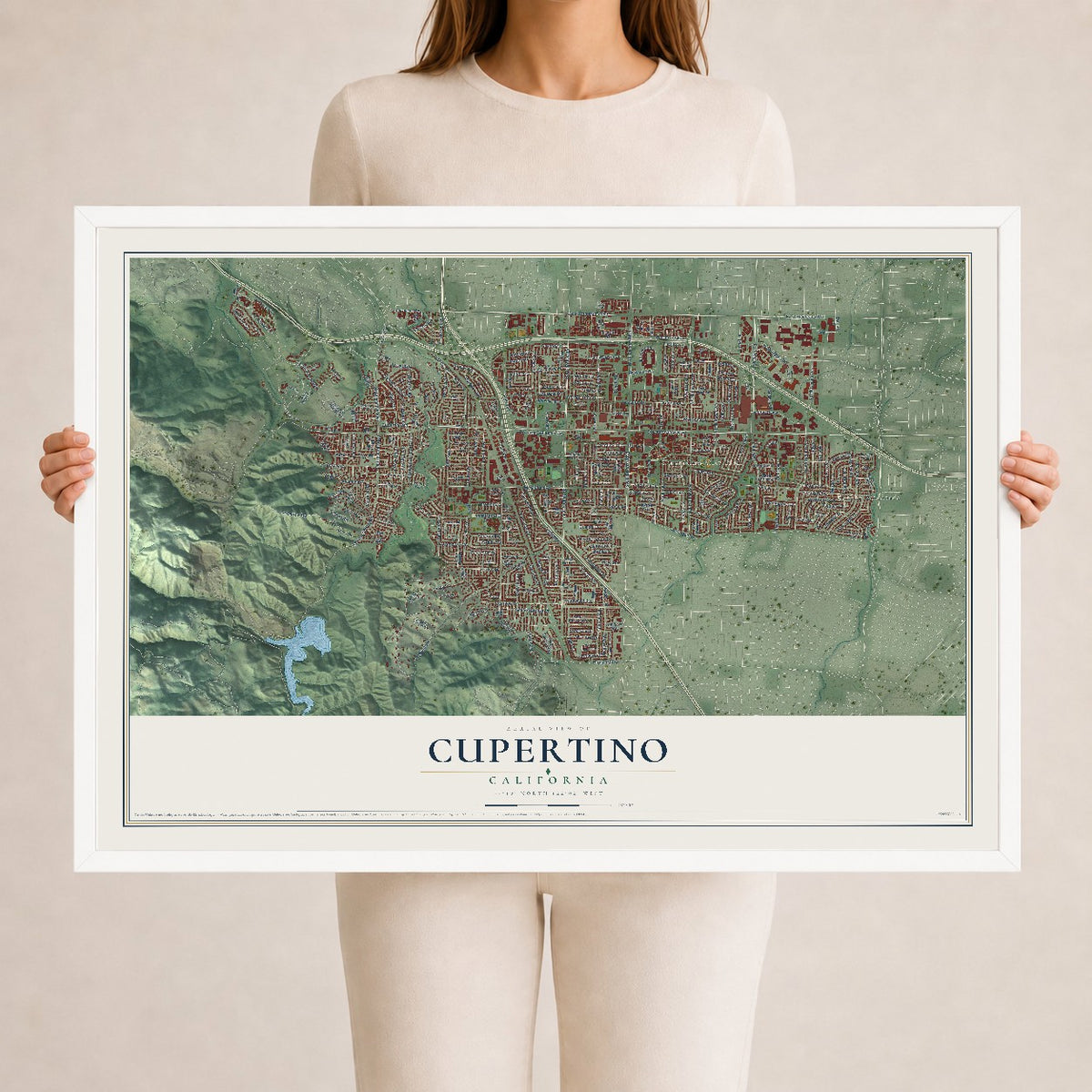 Map of Cupertino, California, 24 x 36 inch print in a white wood frame