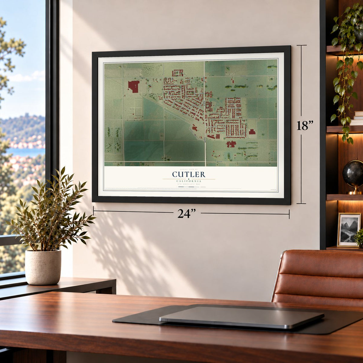 Cutler, California map, 18 x 24 inch print in a black frame in a home office