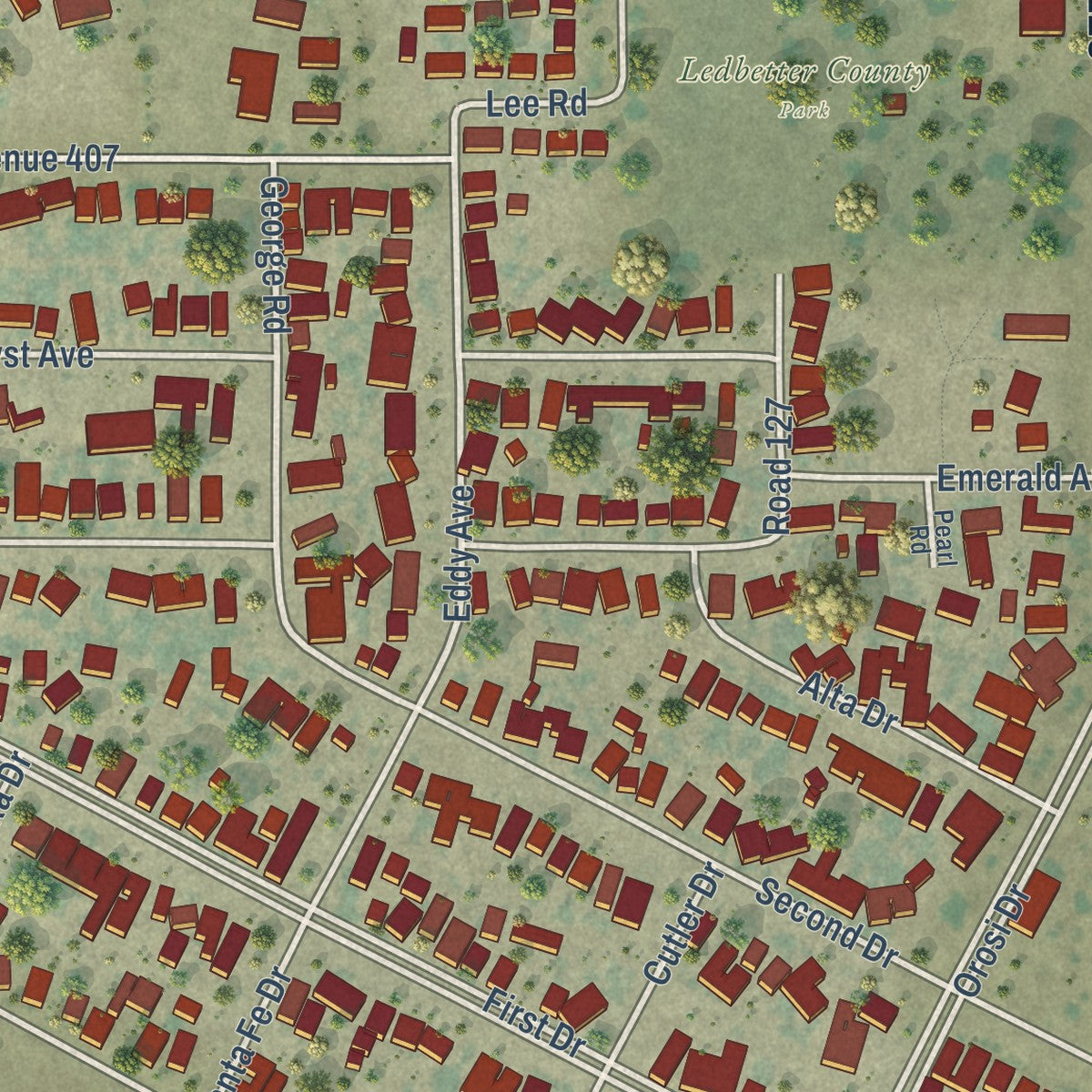 Close-up of the map of Cutler, California print showing street and building detail